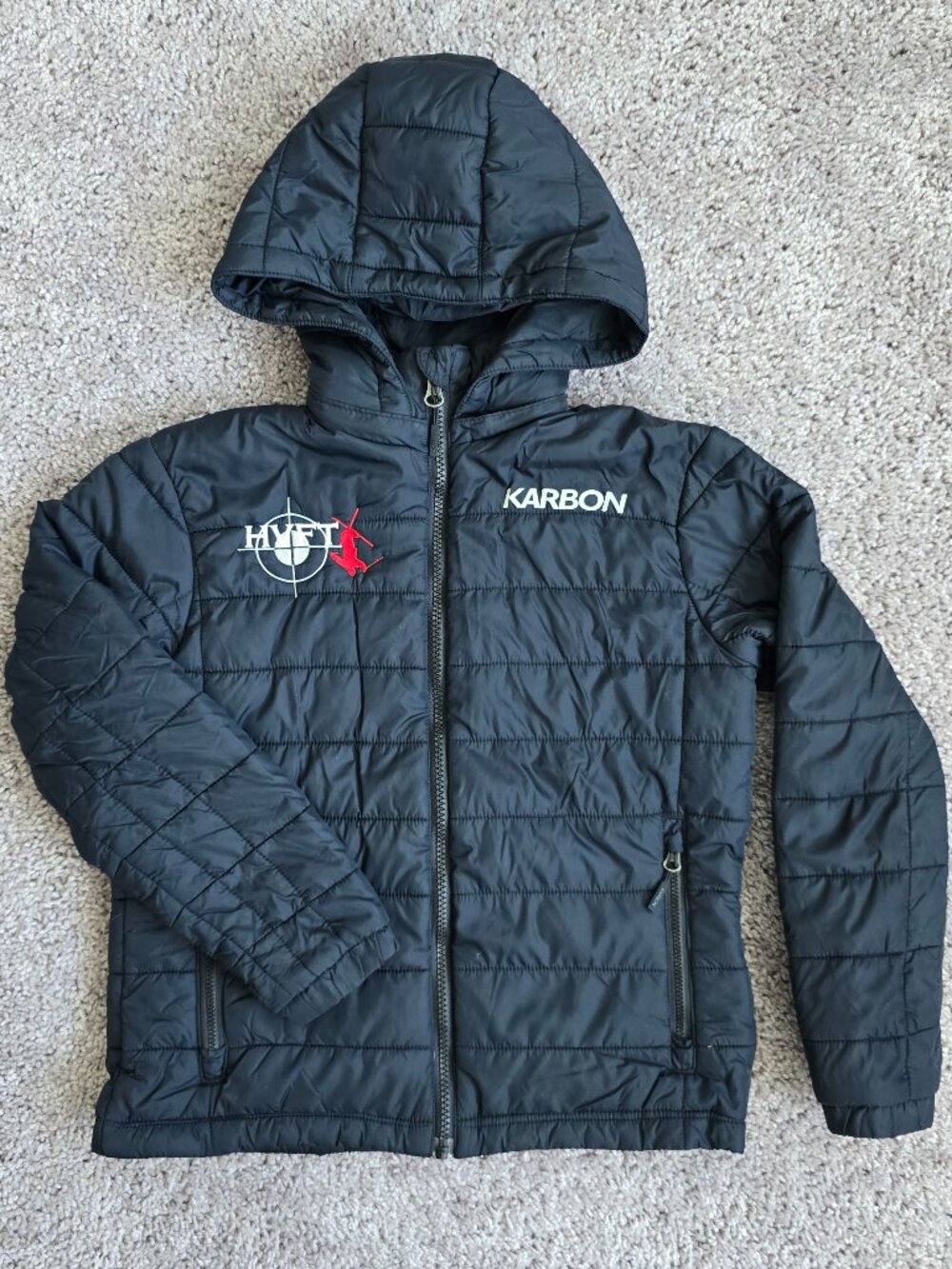 Karbon HVST Youth Hooded Puffer Jacket Black Full Zip Ski Snowboard Coat S